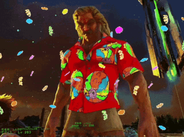 a man in a colorful shirt stands in front of a screen that says ' spongebob squarepants ' on it