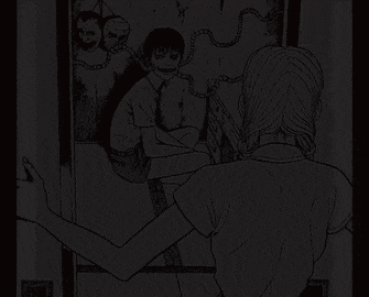 a black and white drawing of a girl taking a picture