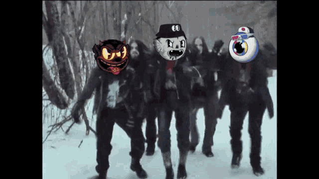 a group of people standing in the snow with cartoon characters on their heads
