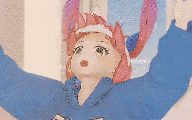 a cartoon girl with pink hair and a blue shirt that says a on it