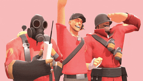 a man wearing a gas mask is standing with two other men
