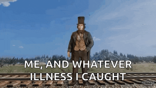 a man in a top hat is standing on train tracks and says " me and whatever illness i caught " .