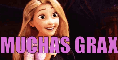 a picture of a cartoon girl with the words muchas grax on the bottom right