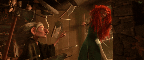 a woman with red hair is standing next to an older woman with a beard