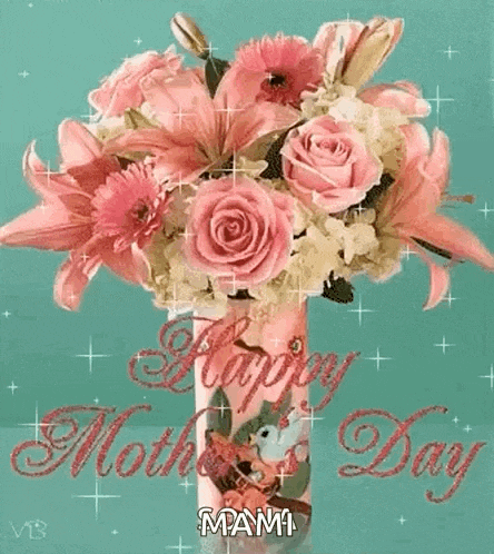 a bouquet of pink roses and lilies in a vase on a mother 's day card .