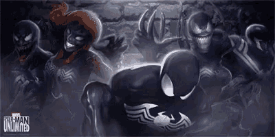 a group of spider-man unlimited characters are standing next to each other in a dark room .