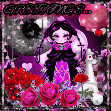 a greeting card with a girl in a purple dress surrounded by red roses