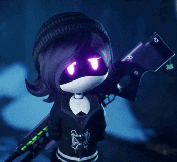 a girl with purple eyes is holding a gun in her hand
