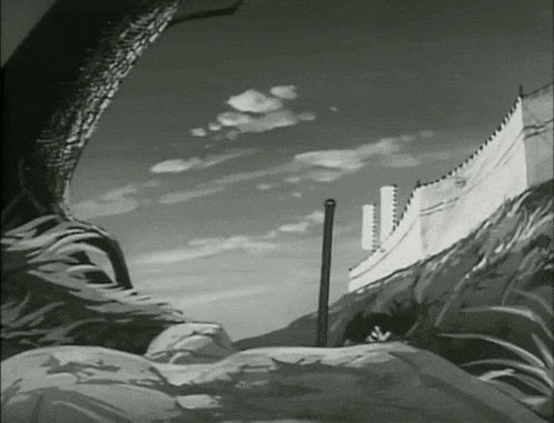 a black and white drawing of a castle with a sword in front of it