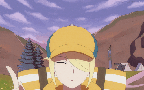 a cartoon of a girl wearing a yellow hat and a striped shirt with the word pokemon on it