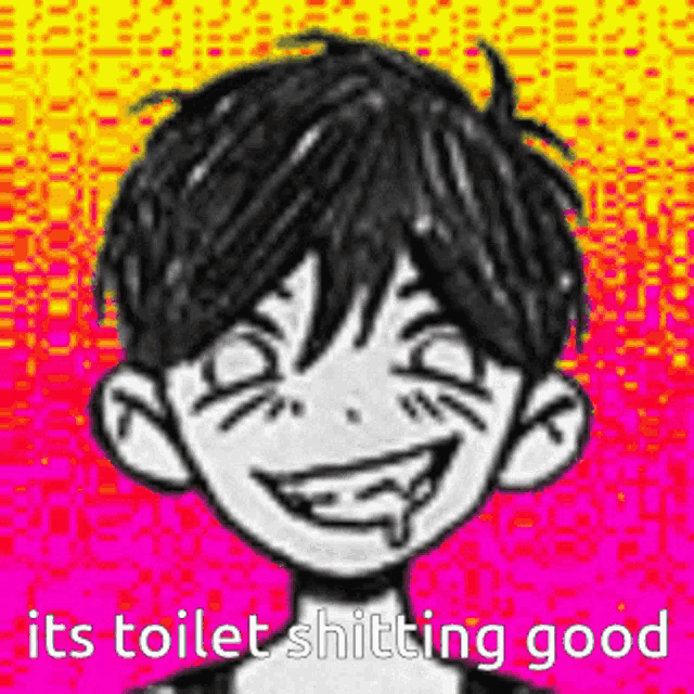 a black and white drawing of a boy with a smile on his face and the words `` its toilet shitting good '' .