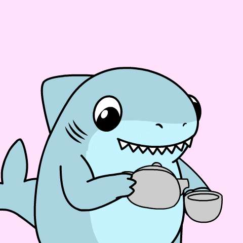a cartoon of a shark holding a cup of coffee and the words good morning