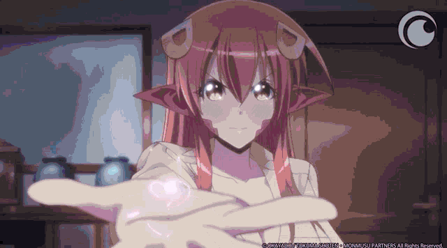 a girl with red hair and horns is holding something in her hand ..