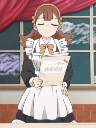 a girl in a maid outfit is holding a menu in her hands