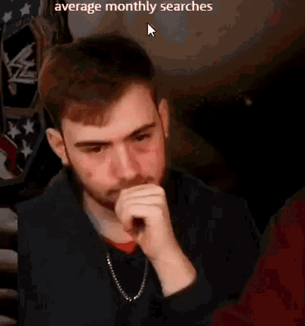 a man with a beard is sitting at a table with his hand to his mouth and a cursor pointing to his face .