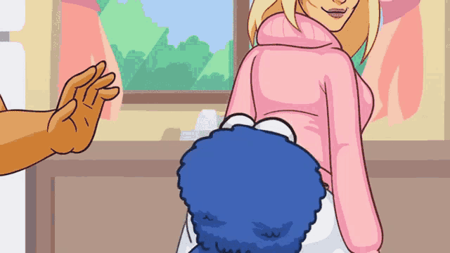 a cartoon of a woman with a cookie monster on her back