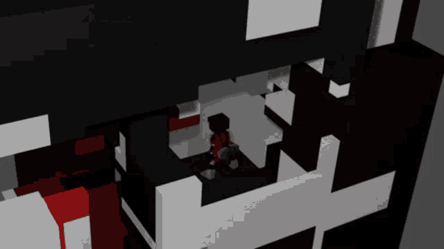 a black and white maze with a red cube in the middle of it