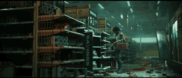 a man stands in a store with a sign that says savings