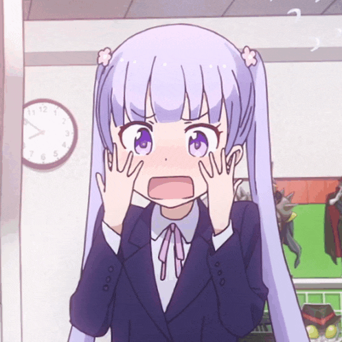 a girl with a surprised look on her face is standing in front of a clock that says 9:12