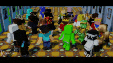 a group of minecraft characters are standing in a room