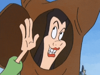 a cartoon character waving from a hole in a tree trunk