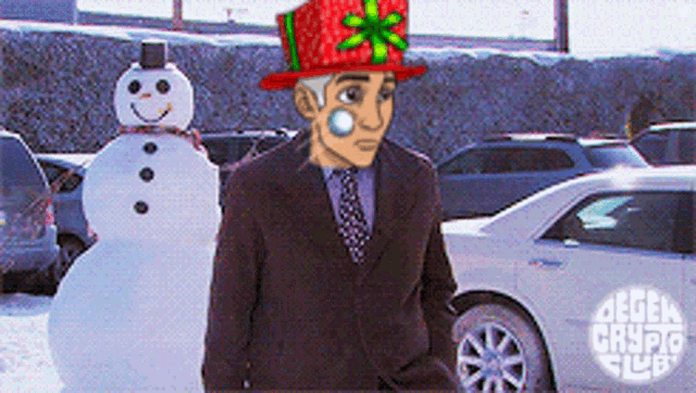 a man in a suit stands next to a snowman