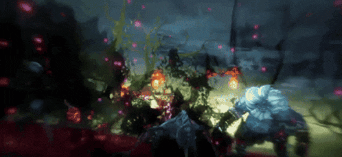 a blurred image of a video game scene with a few monsters fighting each other