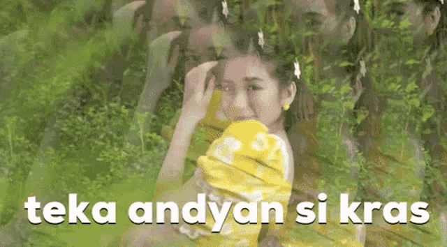 a woman in a yellow dress is crying and the words teka andyan si kras are above her