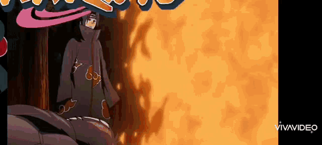 itachi uchiha from naruto is standing in front of a large fire .