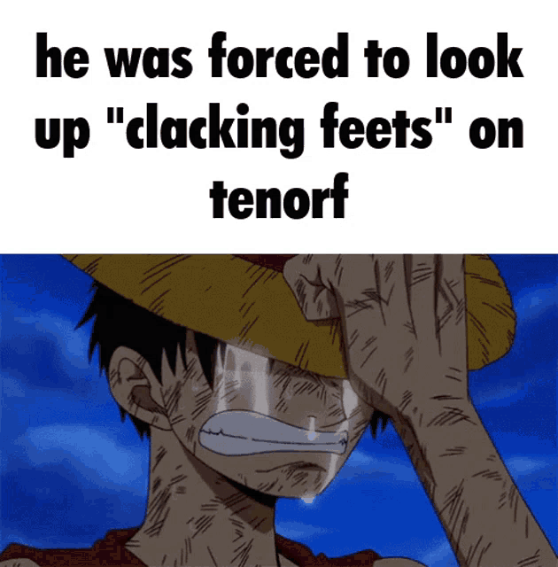 a man in a straw hat is crying with the caption he was forced to look up " clacking feet " on tenor