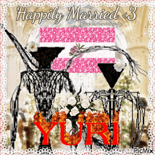 a greeting card that says happily married < 3 yuri on it
