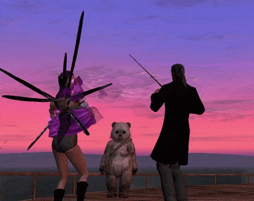 a woman in a purple dress is standing next to a man and a teddy bear