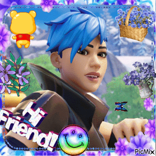 a picture of a girl with blue hair that says hi friend on it