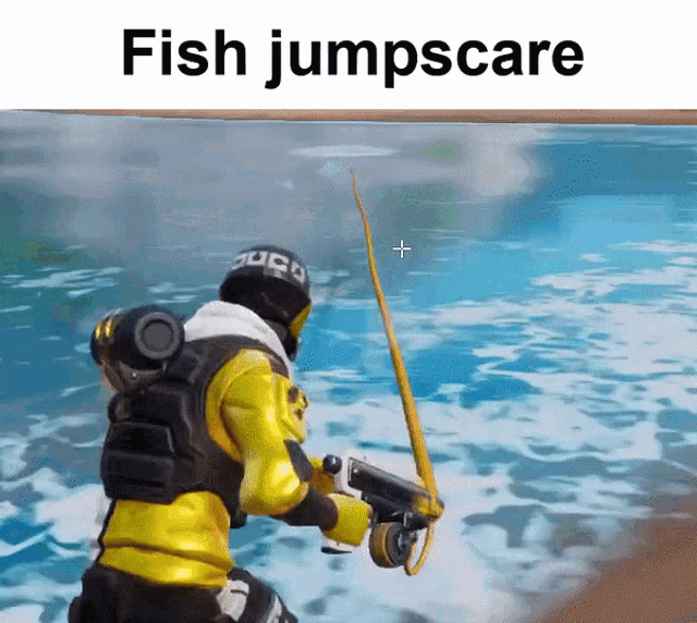 a man in a yellow suit is holding a fishing rod in the water and the words fish jumpscare are above him