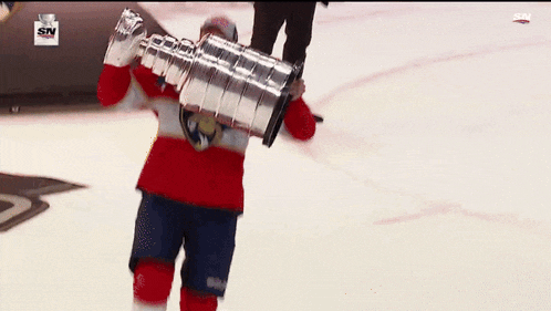 a man in a panthers jersey is holding a trophy over his head