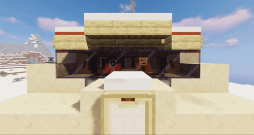 a screenshot of a minecraft game shows a building with a red and white stripe
