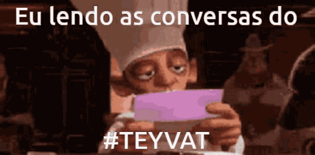 a man in a chef 's hat is holding a piece of paper with the words eu lendo as conversas do #teyvat
