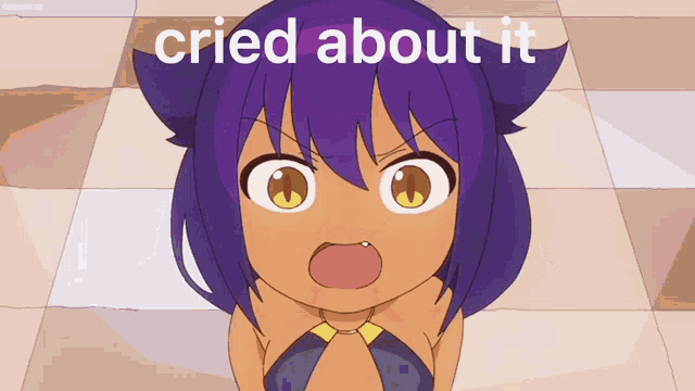 a cartoon of a girl with purple hair and the words cried about it