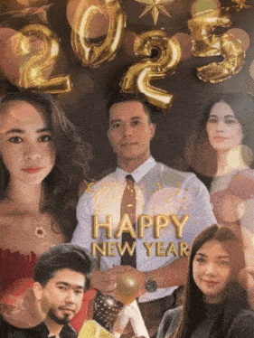 a poster that says happy new year with a man in a suit
