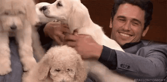 a man is sitting on a couch holding three puppies .