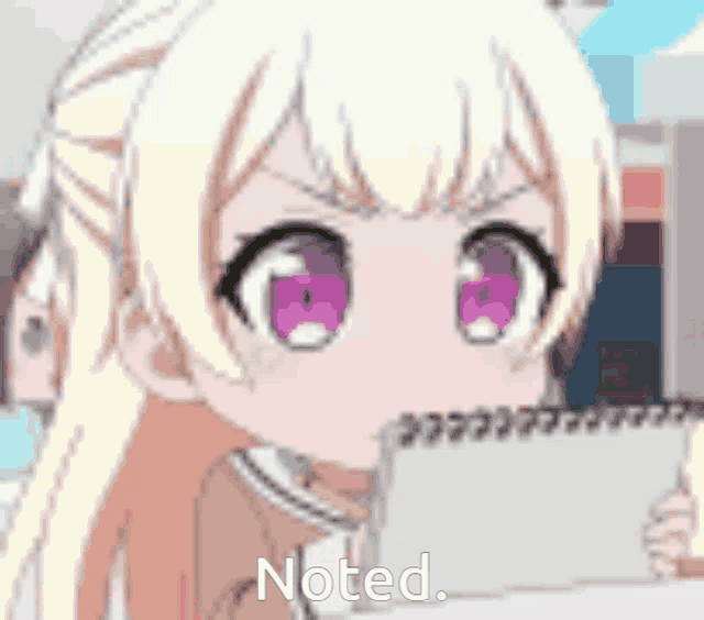 a girl with purple eyes is holding a piece of paper and says noted