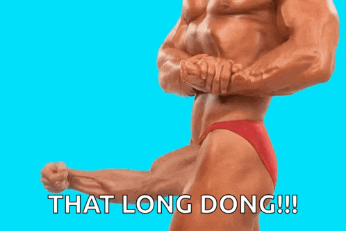 a bodybuilder flexes his muscles with the caption that long dong !!!