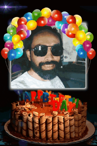 a picture of a man with sunglasses and a birthday cake with candles that say happy birthday