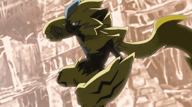 a cartoon drawing of a yellow and black monster with a blue stripe on its head