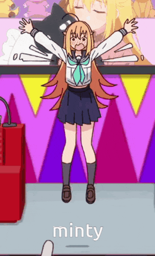 a girl in a school uniform is jumping in the air with her arms outstretched and the word minty below her
