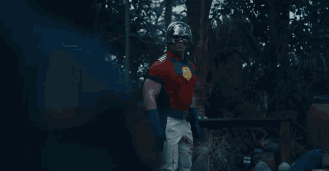 a man in a superhero costume is standing in the woods with trees in the background .