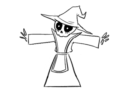 a black and white drawing of a skeleton wearing a witch 's hat and robe .