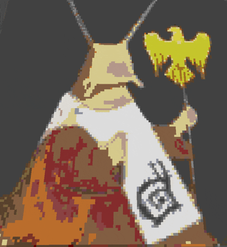 a pixel art of a man holding a sword and a flag