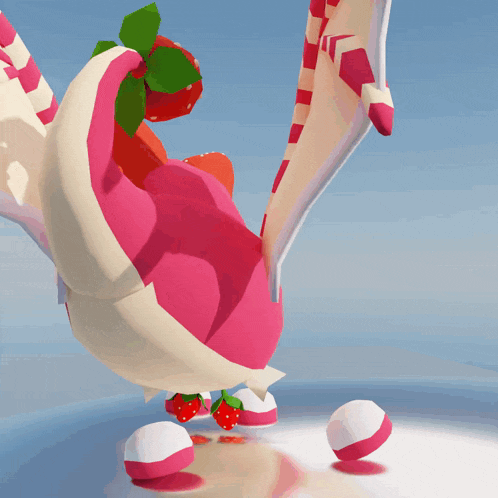 a pink and white dragon with strawberry feet