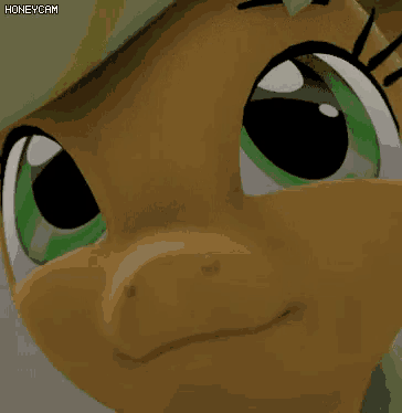 a close up of a cartoon pony 's face with green eyes and a hat .